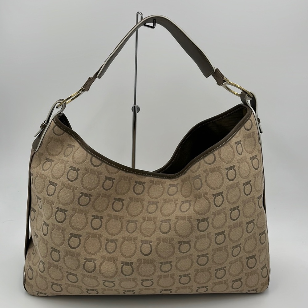 Authentic Salvatore Ferragamo Brown Canvas Shoulder Bag